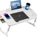 Large Size Floor Desk, Adjustable Floor Table with USB Ports torage Drawer Cup Holder, Foldable Low Coffee Table, Portable Lap Desk Tray for Eating Reading Working Drawing Gaming, White