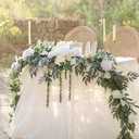 Ling's moment 9FT Spring Flower Garland for Backdrop Decorations - Wedding Arch Flowers, Eucalyptus & Rose, Artificial Floral Garland for Mantel - Sweetheart Table Decor for Reception, White & Sage