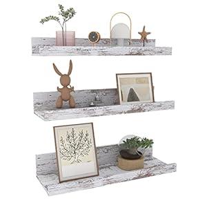 Lavezee 15.7 Inch Floating Shelves for Wall Set of 3, Rustic Picture Ledge Wall Mounted Shelf for Living Room, Bedroom, Kitchen, Bathroom, Distressed White