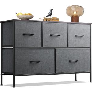 WLIVE Dresser for Bedroom with 5 Drawers, Long Storage Tower Organizer Unit, Fabric Dresser, Storage Drawer Unit with Fabric Bins for Closet, Hallway, Dark Grey, Size L (11.73"D x 39.37"W x 26.57"H)