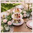 CHENGU 3 Tier Cupcake Stand Pink Ceramic with Gold Frame, 10" 9" 7" Dessert Tower for Baby Shower Birthday Wedding Tea Party, Tiered Cake Holder Display for Cupcakes Pastries Fruits