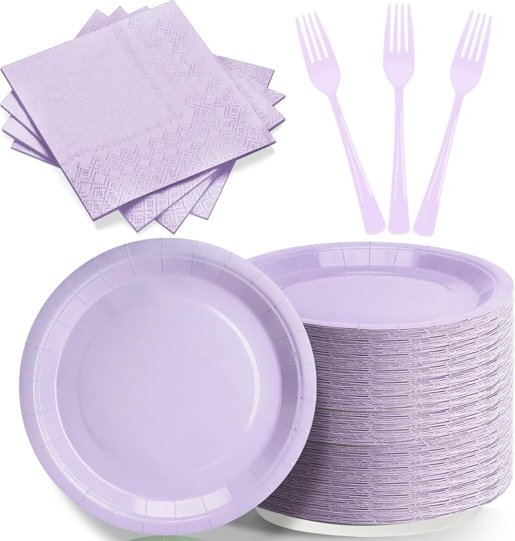 Lavender Party Plates and Napkins, Include 7 Disposable Light Purple Paper Dessert Plate Napkins Forks Party Supplies for Birthday, Baby Shower, Wedding, Picnics Party Decorations for Serves 50