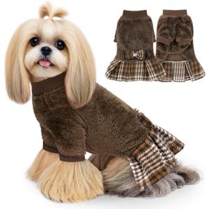 WOYYHO Adorable Winter Dog Sweater Dress with Plaid Skirt & Bowtie, Warm Fleece Outfit for Small Dog Girls Chihuahua, Yorkie Dachshund Puppy, Crew Neck, Long Sleeve, Brown, Size M 