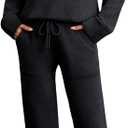 Snuggle Sac Fleece Pajama Sets for Women V Neck Ultra Soft Warm Long Sleeve Winter Pjs Fuzzy Lounge Sets 2 Piece Loungewear (Large, Black)