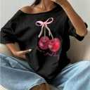 RoseSeek Women's Off The Shoulder Tops Floral Graphic Oversized Tshirts Shirts Y2k Summer Tops Trendy (Black, S)