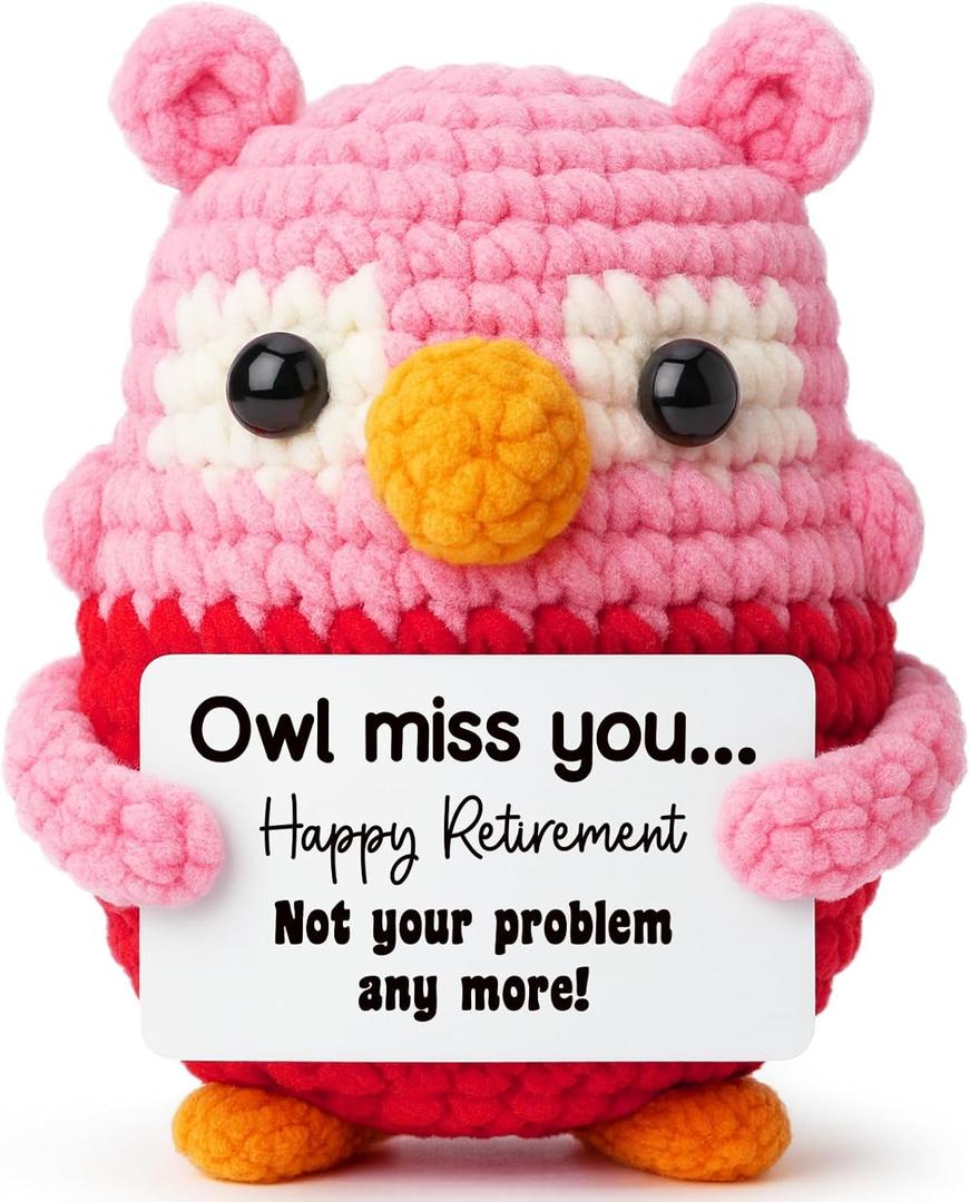 Owl Crochet Retirement Gift for Female Coworker Teacher, Cute Handmade Pink Owl Birthday Present for Mom or Friend, Funny Farewell Keepsake, Handmade Collectible Party Decoration
