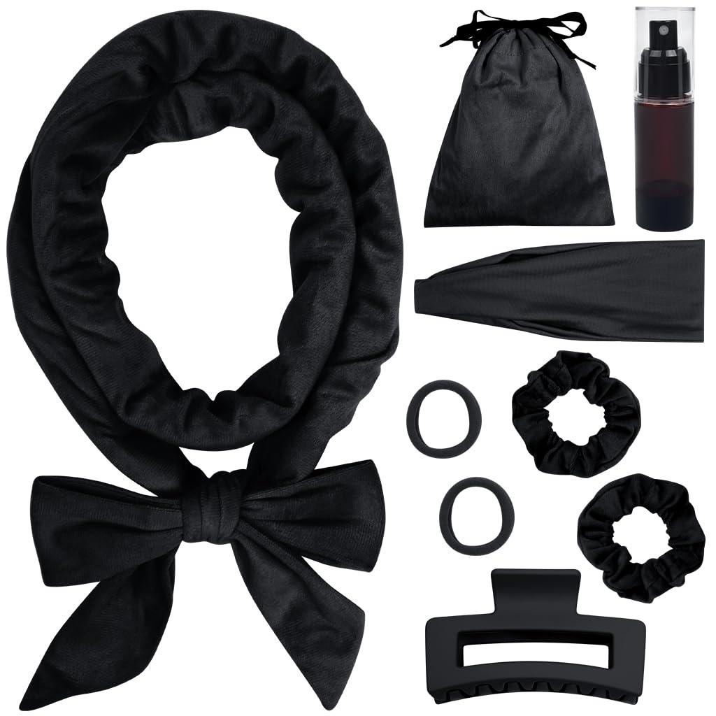 ewinever 9 PCS Satin Heatless Curling Rod Headband Set No Heat Overnight Hair Curlers for Women with Long Hair , Black, Medium 