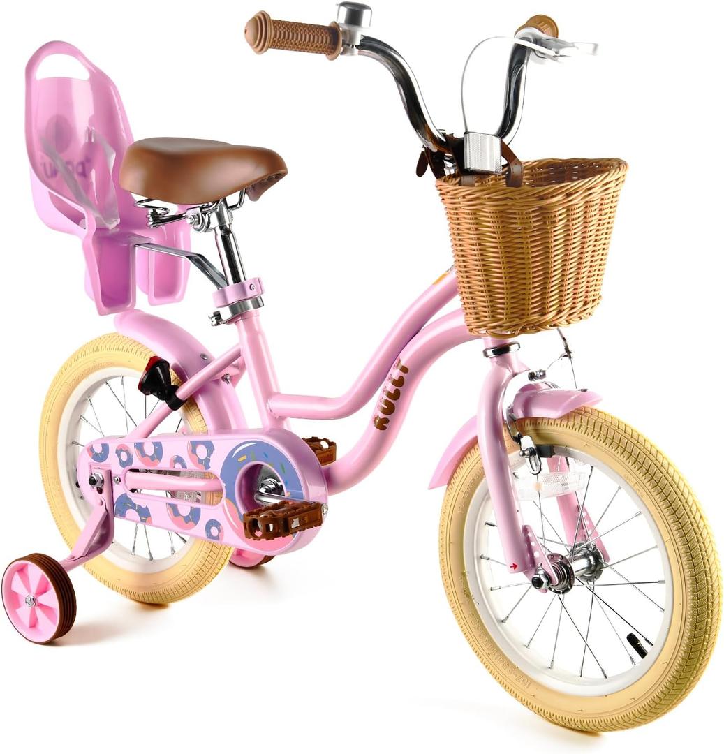 RULLY Donut Girls Bike 12 14 16 Inch Kids Bicycle for Toddlers Ages 3-8 with Training Wheels, Basket & Doll Seat, Retro Cruiser Style, Pink Purple Blue