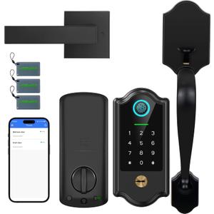 Smart Fingerprint Door Lock for Front Door  Keyless Entry Deadbolt with Handle Set, Digital Keypad, App Control, Auto Lock, Easy Install, Matte Black