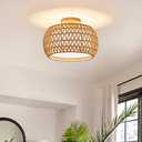 BUXVRCS Rattan Ceiling Light Fixtures,Hand-Woven Boho Flush Mount Light,Handmade Fixtures with Fabric Shade,Farmhouse Fixture for Bedroom Hallway Entryway (Yellow)