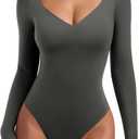 REORIA Long Sleeve Bodysuits for Women Square V Neck Going Out Top Double Lined Thong Body Suit Sexy Slimming Shirt 2025 Fall (Medium, Thyme)
