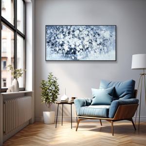 Wall Art Plant Wall Modern Paintings Dark Blue White Floral Canvas Wall Art For Living Room Hand Painted Framed Artwork Poster Botanical Picture Wall Decor For Office Hotel Home Decor 24x48 Inch
