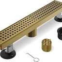 Gold Shower Drain, 18 Inch Linear Shower Drain with Removable Square Hole Cover Grate, Bathroom Modern 304 Stainless Steel Brushed Gold Shower Floor Drain with Adjustable Feet,Hair Filter