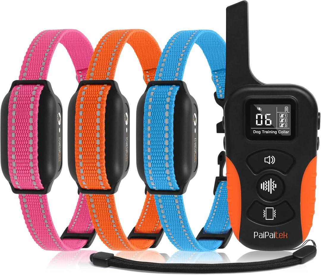 PaiPaitek Vibrating Collar No Shock for 3 Dogs Training, 3300ft Dog Training Collars with Vibration(1-9), Beep(1-9), Security Lock, Waterproof & Rechargeable Buzz Collar for Dogs 5-120 lbs - No Prongs