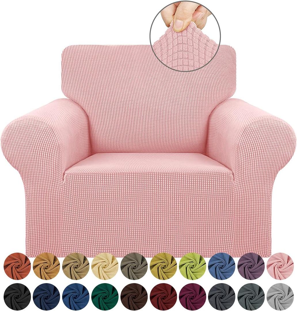 KEKUOU Stretch Single Sofa Slipcover 1 Piece Couch Sofa Cover (31"-55") Furniture Protector 1 Seater Sofa with Elastic Bottom for Kids,Pet.Jacquard Small Checked Pattern Fabric(Small,Dusty Pink)