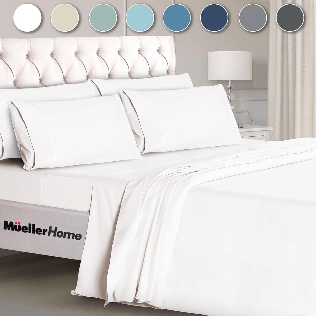 Mueller Luxury 6 Piece Queen Sheet Set - Ultra-Soft 1800 Series, Cooling & Breathable Hotel Quality Bed Sheets, Deep Pocket up to 16" - Hypoallergenic, Wrinkle-Resistant, Oeko-TEX, White (Queen, White)