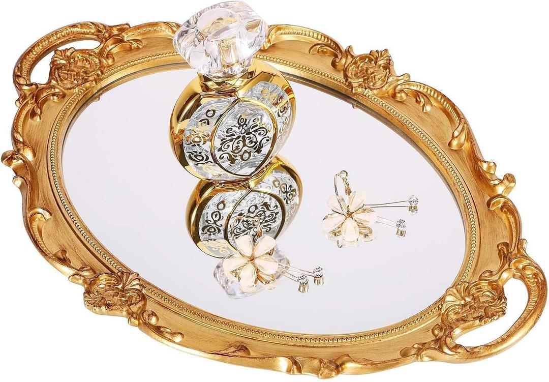 Zosenley Polyresin Ellipse Antique Decorative Mirror Tray, Makeup Organizer, Jewelry Organizer, Serving Tray, 9.8x 14.6, Gold