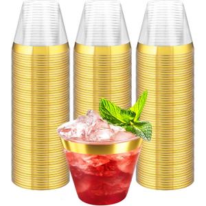 100Counts 9 OZ. Disposable Cups Old fashioned Party Tumblers, 9 Ounce Squat Cups Gold Rimmed Hard Plastic Party Wedding Cups with Gold Rim