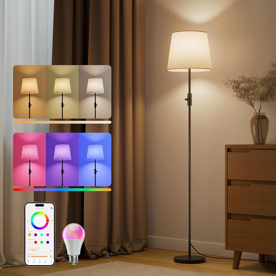 Smart Floor Lamp with RGBCW Color Change Bulb, Compatible with Alexa, Siri, Google Voice & App Control, Standing Lamp with Linen Shade, Tall Lamp for Living Room, Bedroom, Office,Black