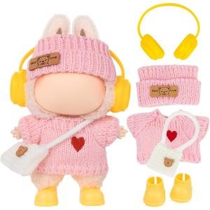 Clothes for LABUBU Doll (NO Doll) - Pink Knit 5-Piece Outfit 17cm Doll Clothes Accessories with Mini Hat, Ear Muffs, Shoes, Bag for 6.7 Inch Dolls Doll Clothing