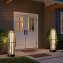 TRIROCKS Outdoor Floor Lamp 2 Piece Solar Powered Lantern Wicker Solar Patio Lamp with Olifen Rope Waterproof Rattan Outside Solar Deck Light for Patio Garden Lawn Yard (Grey)