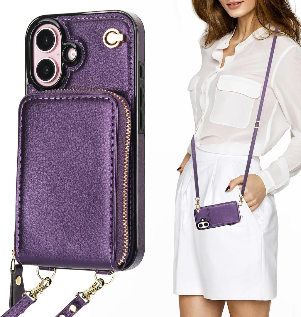KIHUWEY Crossbody Wallet Case for iPhone 16, Zipper Pocket Case with Card Holder, PU Leather RFID Blocking Protective Cover Case with Kickstand Detachable Wrist Strap Lanyard 6.1" (Purple)