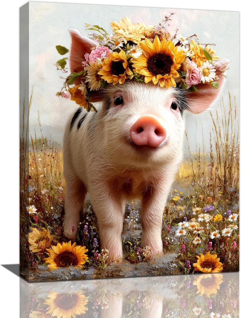 Rustic Pig Nursery Wall Art For Kids Cute Animal Bathroom Canvas Wall Decor Country Pictures Paintings Prints Artwork Framed Decorations For Girls Boys Children's Room Bedroom Living Room Gifts 12" x 16"