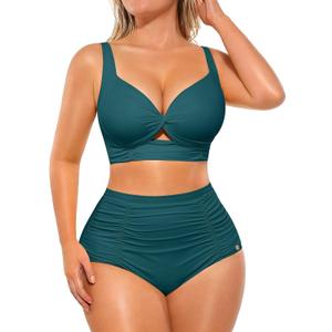 SHAPELLX Twist Front V Neck Bikini Ruched High Waisted Bathing Suit Tummy Control Two Piece Swimsuit Push Up Bikini Sets (Green, Medium)