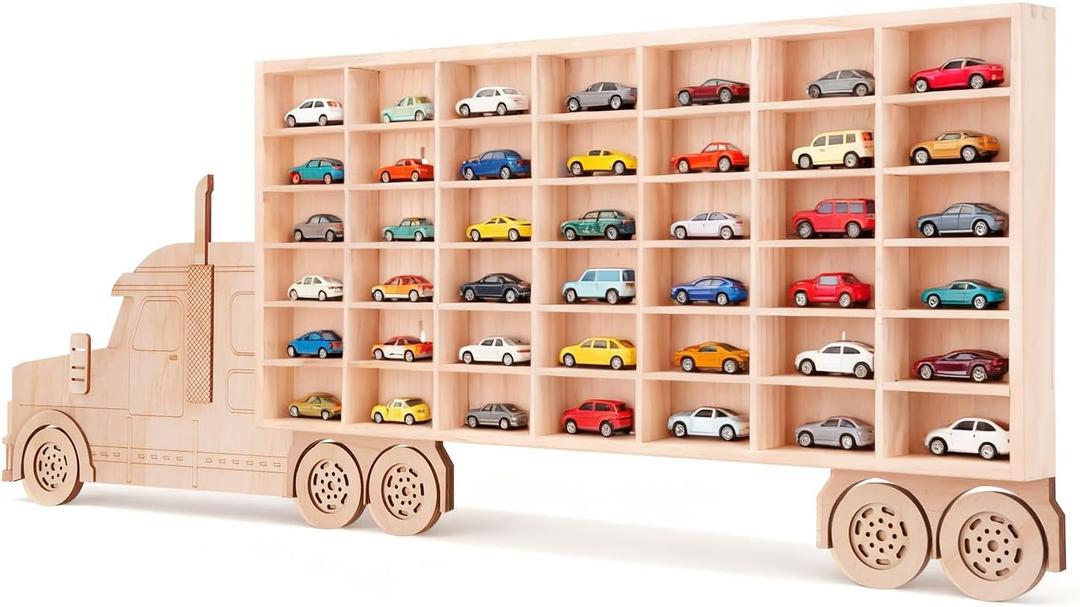 3D Wooden Toy Cars Display, Wall-Mounted for 42 Toy Cars, 1/64 Scale Model Car Organizer with Unique Patchwork Design, 82.7" H X 18.9" W X 12.6" D