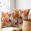 Pumpkin Fall Pillow Covers 18x18 Set of 2 Orange Beige Autumn Thanksgiving Pillow Cases Maple Leaf Print Outdoor Decorative Holiday Cushion Cover Rustic Decoration Farmhouse Home Sofa Couch Bed Decor