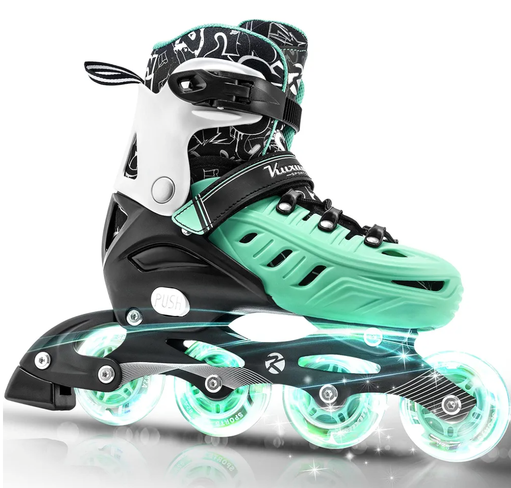 Inline Skates for Kids and Adult, Adjustable Fun Illuminating Skates for Girls, Boys, Women and Men Outdoor and Indoor, Beginner Color Green, Size Large