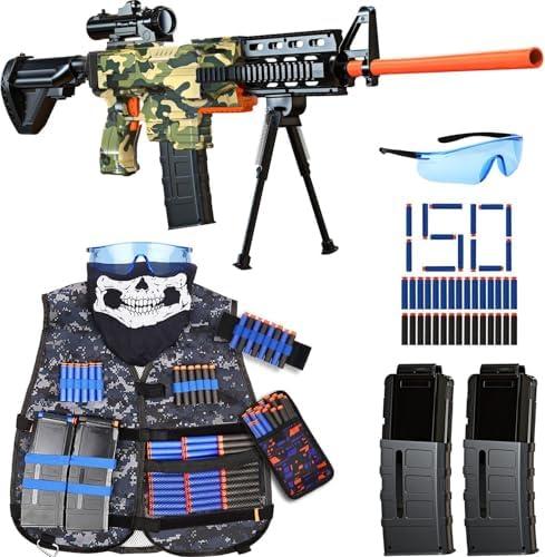 Toy Gun Automatic Sniper Rifle -3 Modes Toy Foam Blasters with Tactical Vest, Bipod, 2 Clips and 150 Darts, Electric Toys for Adults Boys Age 8-12 Gifts for Birthday Xmas (Camo)