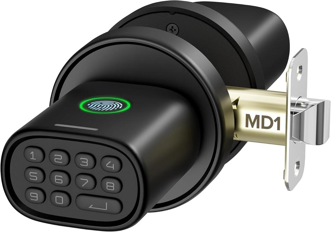 Fingerprint Door Knob, Keyless Door Knob with Keypad Biometric Electronic Thumbprint, Auto-Lock for Interior Doors for Bedroom, Home, Office, Garage, 4xAA Alkaline (NOT Included), MD1 Black