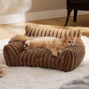 Bedsure Cute Cat Couch for Pets - Fluffy Cat Sofa with Premium Soft Corduroy Fleece, Fuzzy Pet Couch Bed with Removable Washable Cover, Supportive Pet Chair for Indoor Cats, 24inch, Copper Brown (24x18x10")