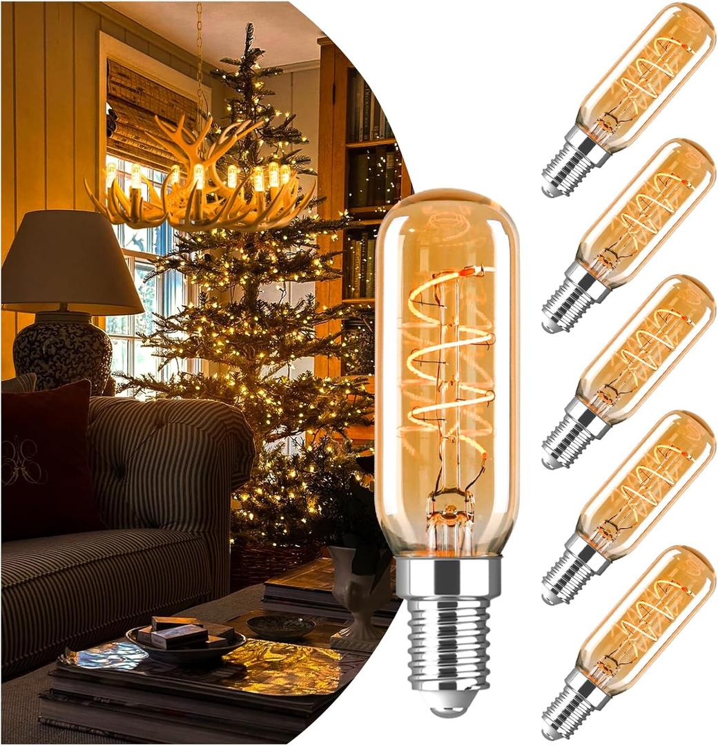 AMDTU E12 Chandelier Light Bulbs 40 Watt 2000K Soft Yellow, Ultra-Thin Spiral Filament Dimmable Led Edison Warm Light Bulbs Candelabra, Ceiling Fan Candle Amber Light Bulb, T25 E12 Bulb 4W, 6 Pack