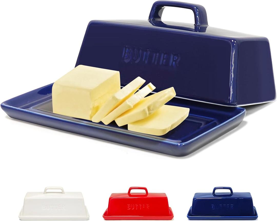 Gute Butter Dish with Lid for Countertop, Covered Ceramic Butter Dish, Butter Tray Storage for 1 Stick of Butter, Butter Keeper Container with Handle for Kitchen, Navy Blue