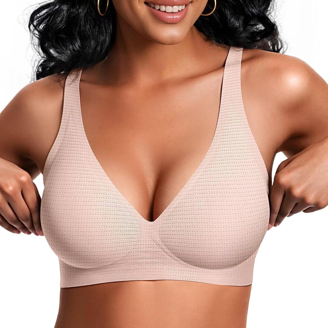 Vertvie Jelly Wireless Bras for Women Push Up Plunge Seamless T-Shirt Bras No Underwire Supportive Full Coverage Bralettes(Airy Nude,X-Large)