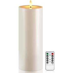 Raycare 4'' X 12'' Large Waterproof Outdoor Flameless Candle, Battery Operated LED Candles with Remote Control and Timer, Electric Fake Plastic Pillar Candles, Ivory