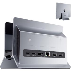 Vertical MacBook Docking Station, PULWTOP Docking Station for Mac mini with M.2 NVMe case for MacBook Pro/Air, 4K@60Hz HDMI, 2USB C 10Gbps, SD/TF, 100W PD, RJ45, 2 USB A for Windows Laptops (Grey)
