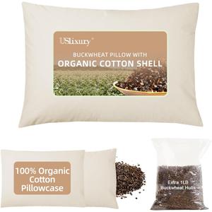 USlixury Organic Buckwheat Pillow for Sleeping with Extra Organic Pillowcase and Hulls, 15"X19" Buckwheat Hull Pillow, Adjustable Height and Firmness, Firm Neck Support for Side Sleepers, Cool, White