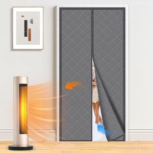 Magnetic Thermal Insulated Door Curtain Temporary Magnetic Screen Door Fits Door Size 32"X80" Thicker Layered Fabric Self Closing Door Curtains with Thicken Cotton for Winter Back/Front Doors (Gray)