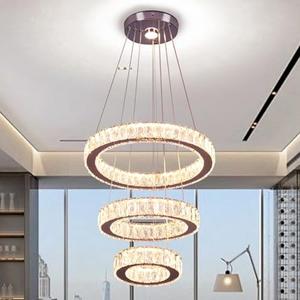 Finktonglan Dimmable Modern LED Chandeliers Adjustable 3 Rings Crystal Chandelier Ceiling Light Fixture Stainless Steel Pendant Lighting Fixtures for Dining Room Living Room Kitchen (Remote Included)