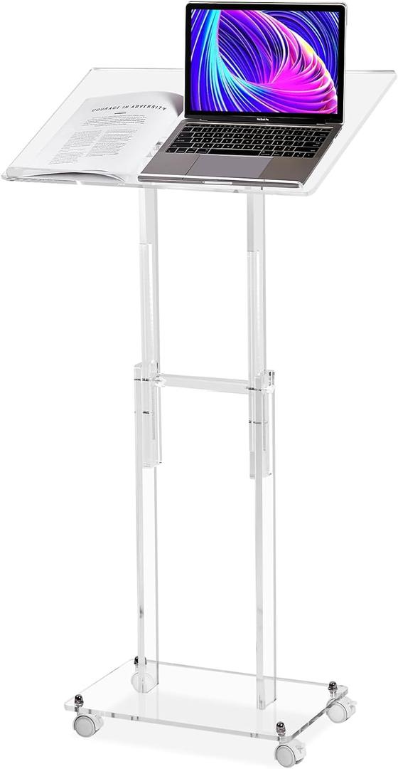 Clear Acrylic Podium Stand with Lockable Wheels, Height & Angle Adjustable, Portable Rolling Lecterns & Pulpits for Church, Classroom, Wedding, Speech(23.6" L X 15.7" W Transparent)