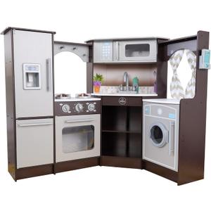 KidKraft Ultimate Corner Wooden Play Kitchen with Lights & Sounds, Play Phone and Curtains, Espresso, Gift for Ages 3+, Medium