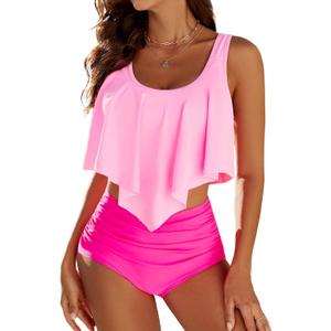 Edelqual Tankini Swimsuits for Women High Waisted Bikini Sets Plus Size Two Piece Bathing Suits Tummy Control Swimwear (Large, Rose Red Patchwork)