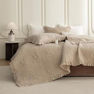 2 PCs Dark Wheat Ruffled Quilt Queen Size (90"x98"), Stonewashed Cotton Quilt Set, Soft Lightweight Crinkled Bedspread Coverlet Queen Shabby Farmhouse Chic Bedspreads Bedding Set with 1 Pillow Shams