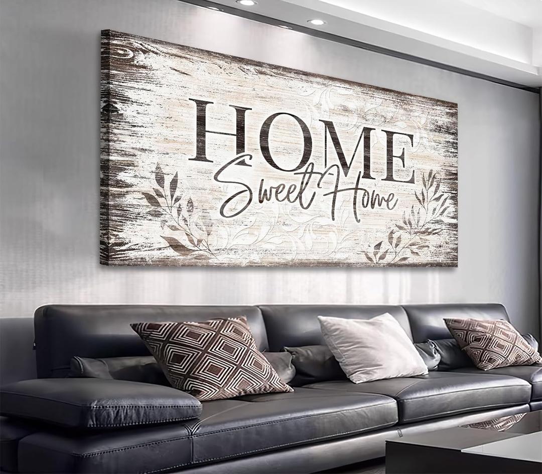 arteWOODS Home Sweet Home Wall Art Sign Large Dark Brown Farmhouse Wall Sign for Living Room Decoration Wooden Board Design Canvas Prints Modern Rustic Artwork Leaf Pictures Wall Decor 29" x 58"