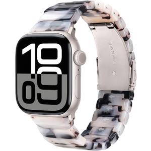 V-MORO Resin Band Compatible with Apple Watch Series 7/8/9/10 41mm/40mm/38mm/42mm Fashion Strap for iWatch Series 6/5/4/3/2/1/SE/SE2 Lightweight Bracelet Wristband Women Men(Classic Ivory Tortoise) (Classic-Tortoise Stone Flower-Starlight)