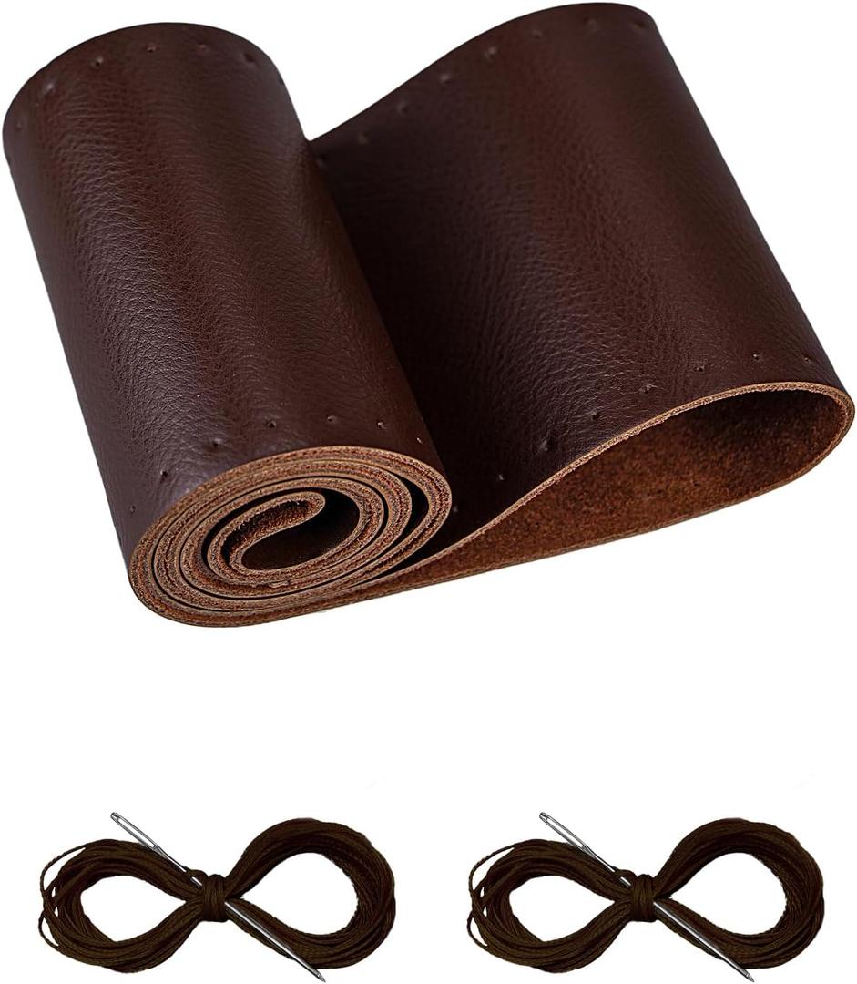 BELINOUS Leather Steering Wheel Cover Lace Up, Stitch on Steering Wheel Wrap, Universal Fit 13-20 Inch Car Truck Pickup Boat, A Whole Piece of Cowhide, DIY w/Needle Thread (Size L2, Coffee)
