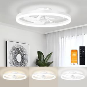VOLISUN Low Profile Ceiling Fans with Light and Remote, 19.7in Modern Bladeless Ceiling Fan with Lights, 3000K-6500K Dimmable Flush Mount LED Fan Light, White Fandelier Ceiling Fans for Bedroom